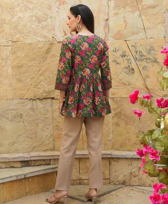 Green floral printed cotton tunic short kurti top for women 2