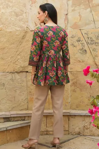 Green floral printed cotton tunic short kurti top for women