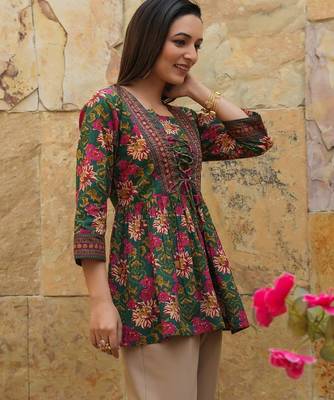 Green floral printed cotton tunic short kurti top for women 3