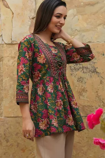 Green floral printed cotton tunic short kurti top for women