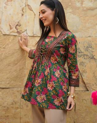 Green floral printed cotton tunic short kurti top for women 4