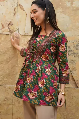 Green floral printed cotton tunic short kurti top for women