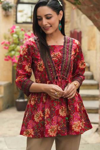 Red floral printed cotton tunic short kurti top for women
