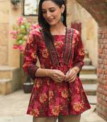 Red floral printed cotton tunic short kurti top for women