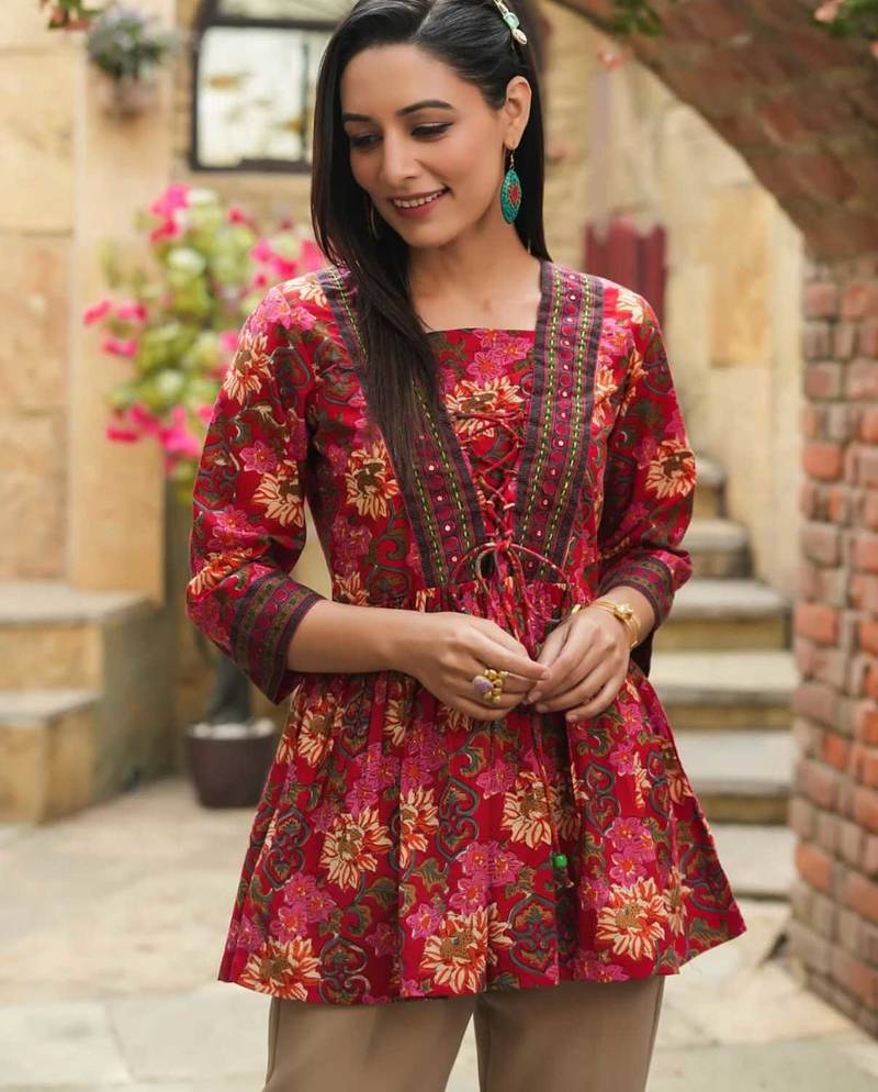 Red floral printed cotton tunic short kurti top for women
