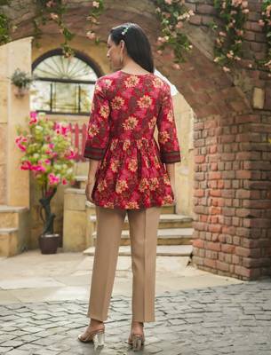 Red floral printed cotton tunic short kurti top for women 2
