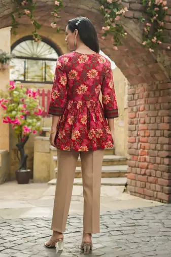 Red floral printed cotton tunic short kurti top for women