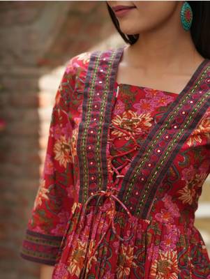 Red floral printed cotton tunic short kurti top for women 3