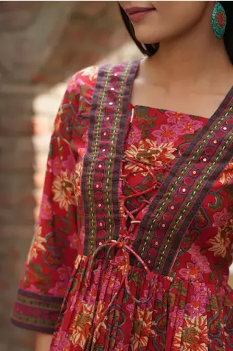 Red floral printed cotton tunic short kurti top for women