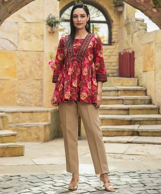 Red floral printed cotton tunic short kurti top for women 4