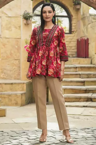 Red floral printed cotton tunic short kurti top for women