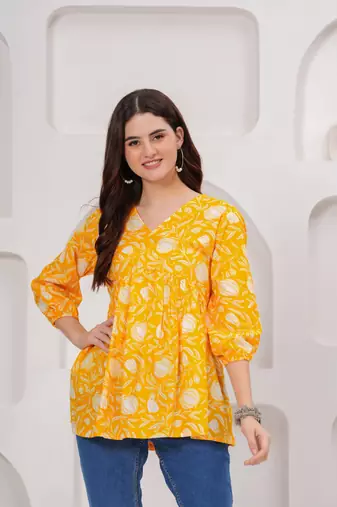 Yellow floral printed cotton tunic short kurti top for women