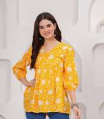 Yellow floral printed cotton tunic short kurti top for women