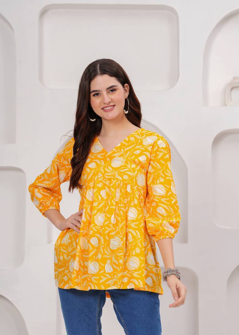 Yellow floral printed cotton tunic short kurti top for women