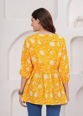 Yellow floral printed cotton tunic short kurti top for women 2