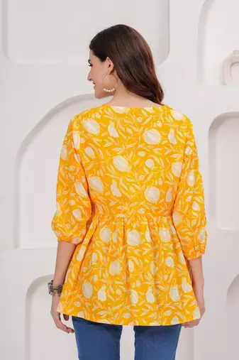 Yellow floral printed cotton tunic short kurti top for women