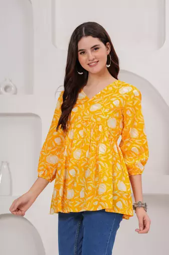 Yellow floral printed cotton tunic short kurti top for women