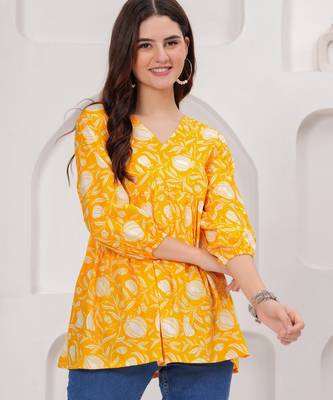 Yellow floral printed cotton tunic short kurti top for women 4