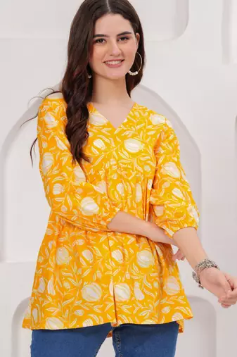 Yellow floral printed cotton tunic short kurti top for women