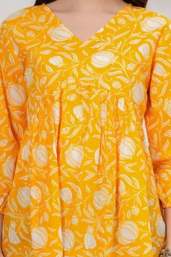 Yellow floral printed cotton tunic short kurti top for women