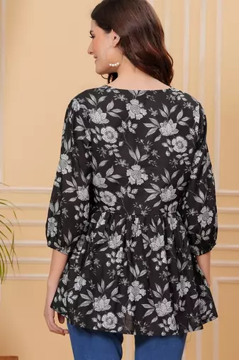 Black floral printed cotton tunic short kurti top for women