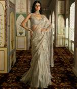 Silver embellished tissue pre drape lehenga saree set