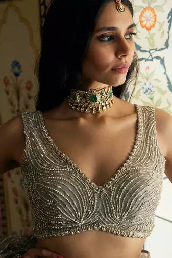 Silver embellished tissue pre drape lehenga saree set