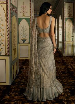 Silver embellished tissue pre drape lehenga saree set 4