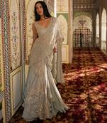 Silver grey embroidered tissue pre drape saree set