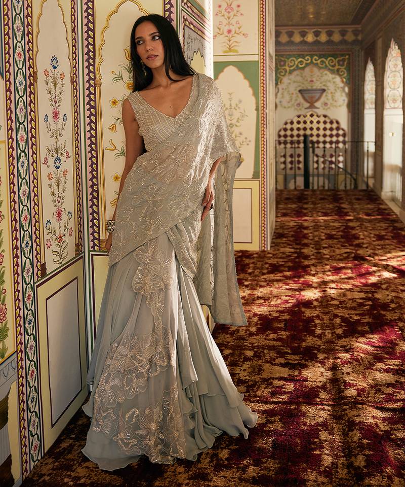 Silver grey embroidered tissue pre drape saree set