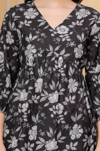 Black floral printed cotton tunic short kurti top for women