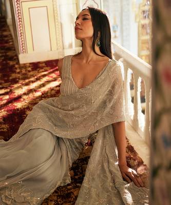 Silver grey embroidered tissue pre drape saree set 2