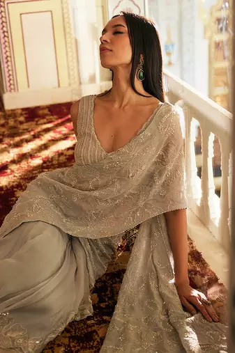 Silver grey embroidered tissue pre drape saree set