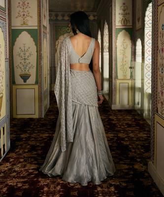 Champagne silver embroidered tissue pre drape saree set 2