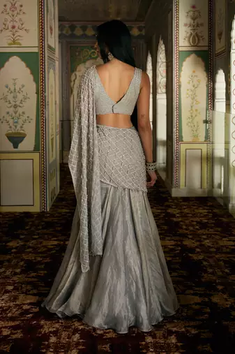 Champagne silver embroidered tissue pre drape saree set