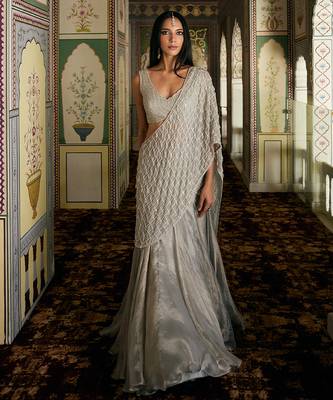 Champagne silver embroidered tissue pre drape saree set 3