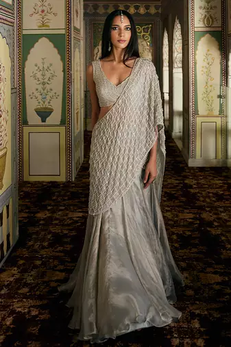 Champagne silver embroidered tissue pre drape saree set