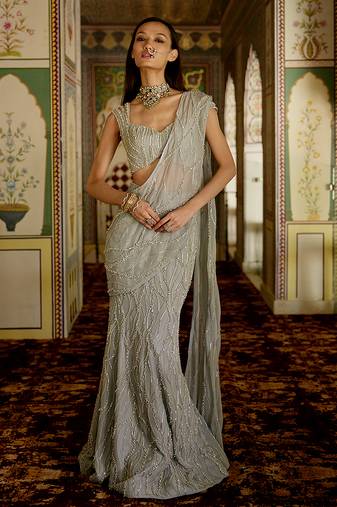 Silver grey embroidered organza pre drape saree set
