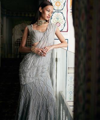 Silver grey embroidered organza pre drape saree set 2