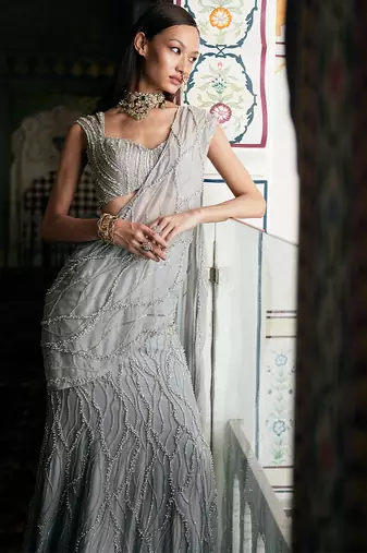 Silver grey embroidered organza pre drape saree set