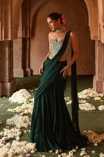 Bottle green embroidered corset georgette drape saree set