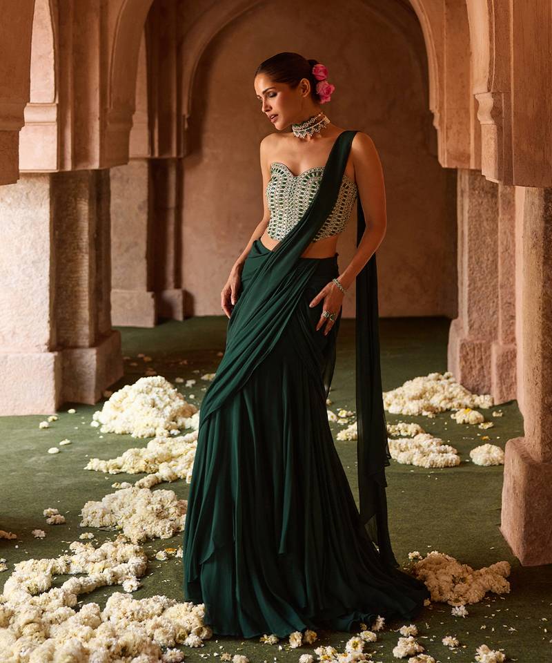 Bottle green embroidered corset georgette drape saree set