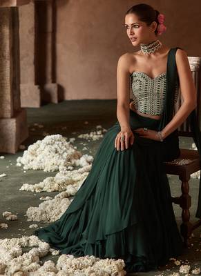 Bottle green embroidered corset georgette drape saree set 2