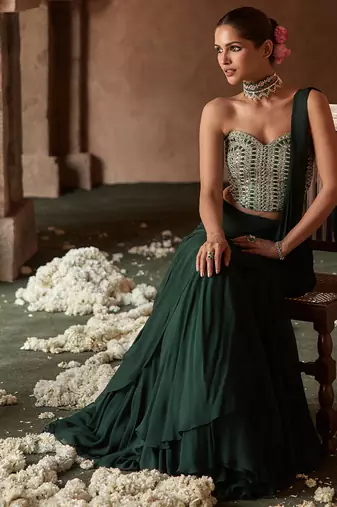 Bottle green embroidered corset georgette drape saree set