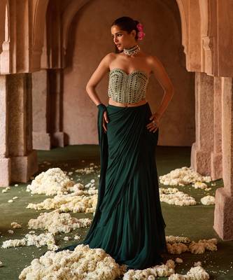 Bottle green embroidered corset georgette drape saree set 3