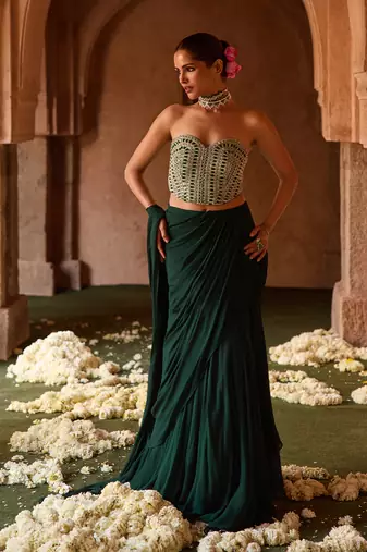 Bottle green embroidered corset georgette drape saree set