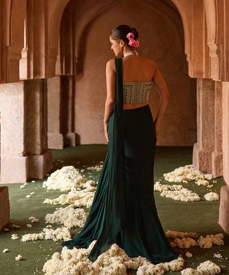Bottle green embroidered corset georgette drape saree set 4