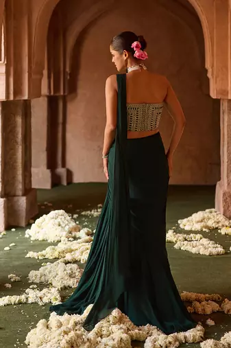 Bottle green embroidered corset georgette drape saree set