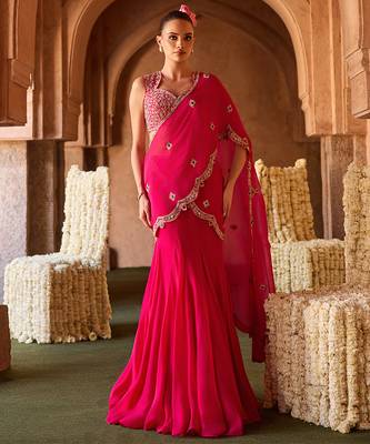 Fuchsia pink embroidered organza drape saree set 1