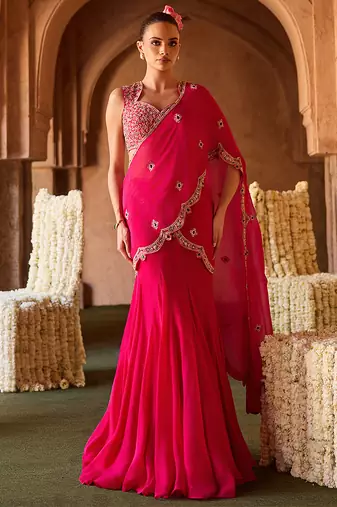 Fuchsia pink embroidered organza drape saree set
